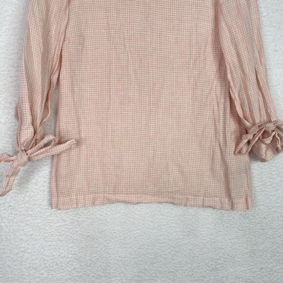 Lafayette 148 Linen Gingham Blouse Women’s Small Peach Check 3/4 Sleeve Bow Cuff - Picture 5 of 10